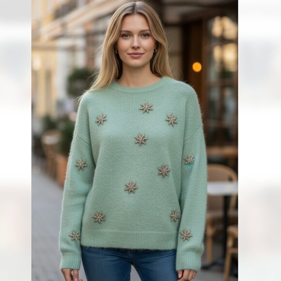 NWT Zara Mint Green Embellished Star Crystal Sweater Wool Blend Bloggers Fave - Picture 1 of 11